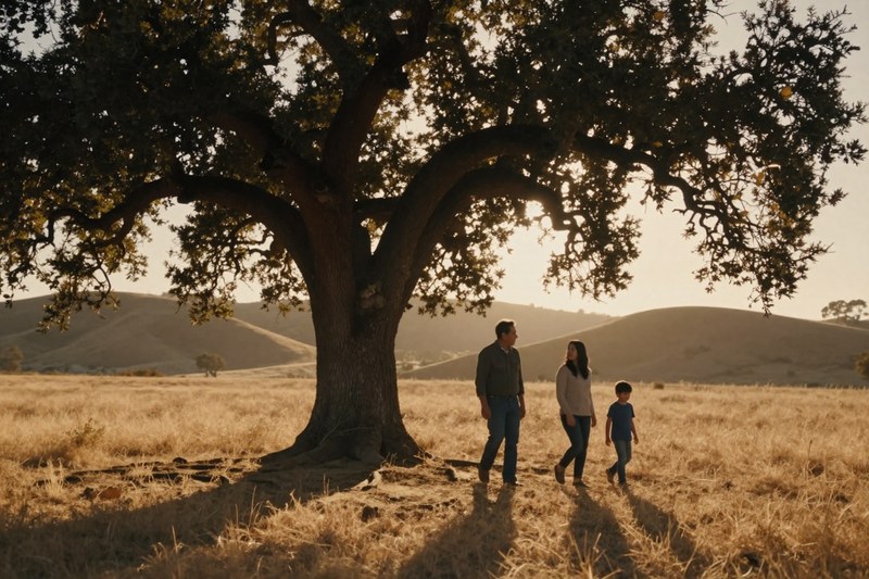A family walking together beneath a large oak tree at sunset