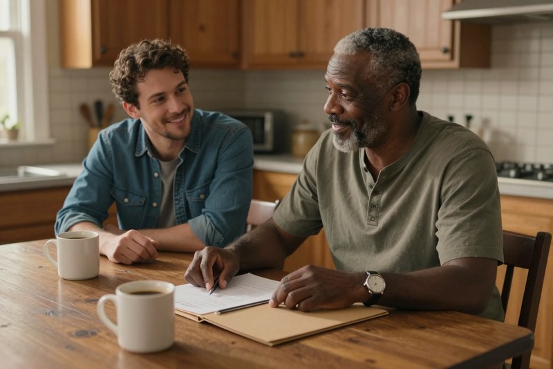 Two men talking over a notebook at a kitchen table